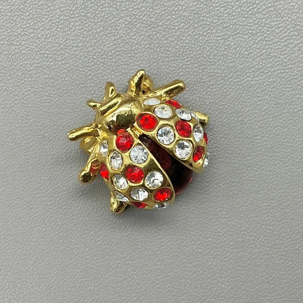 Ladybug Brooch Womens Gold Tone Red White Rhinestone Insect Animal Pin 0.75